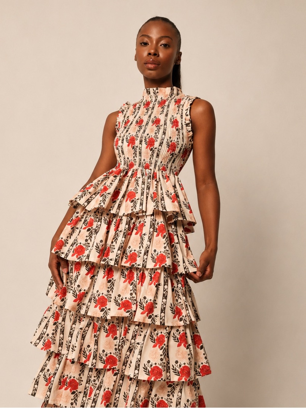NWT The Lulo Project The Reign Printed Ruffle Maxi Dress Beige Bloom Size Medium